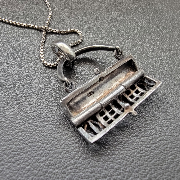 925 Marcasite Purse Pendant Necklace | 925 Italy Chain | Hinged Openwork Design - Picture 4 of 8